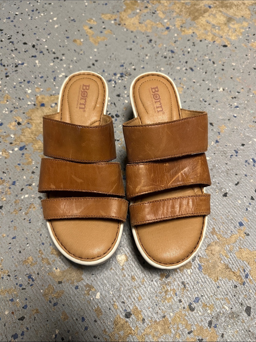 Born Tan Triple-Strap Leather Slide Sandals